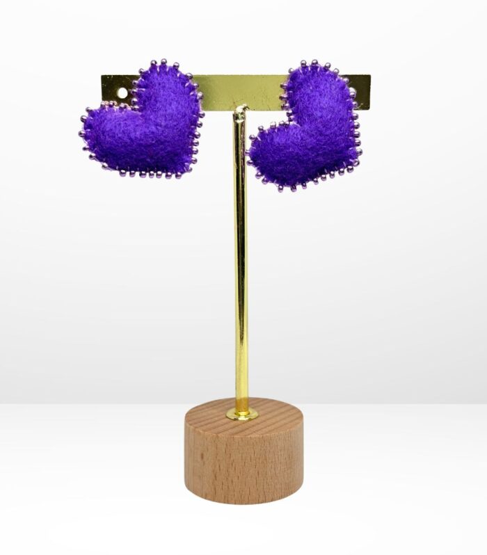 Aretes Tejidos en Paño Lency -  Corazón Peludito Morado